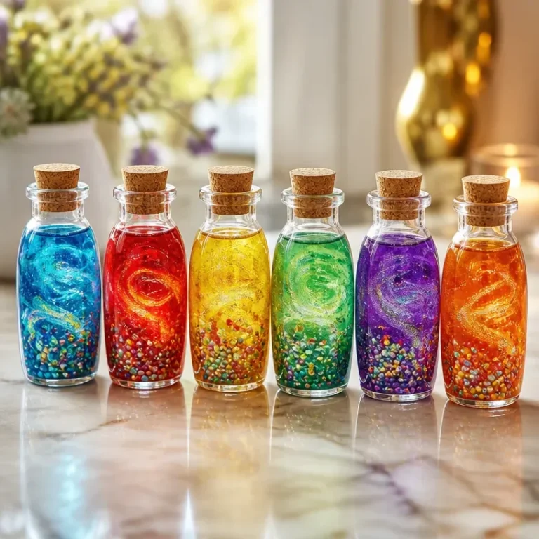 Colorful rainbow potion jars with glitter swirl decoration