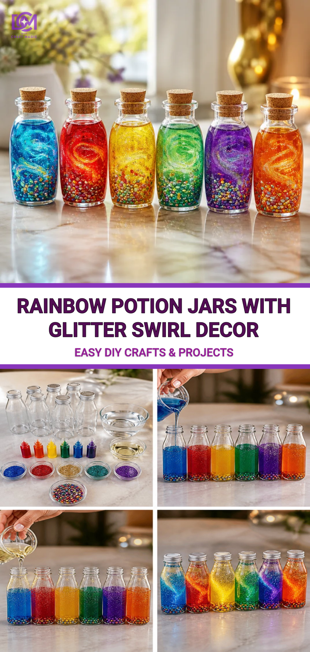Rainbow Potion Jars With Glitter Swirl Decor