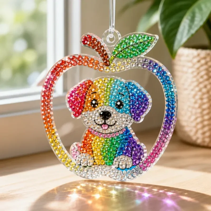 Rainbow Puppy Suncatcher reflecting colorful light