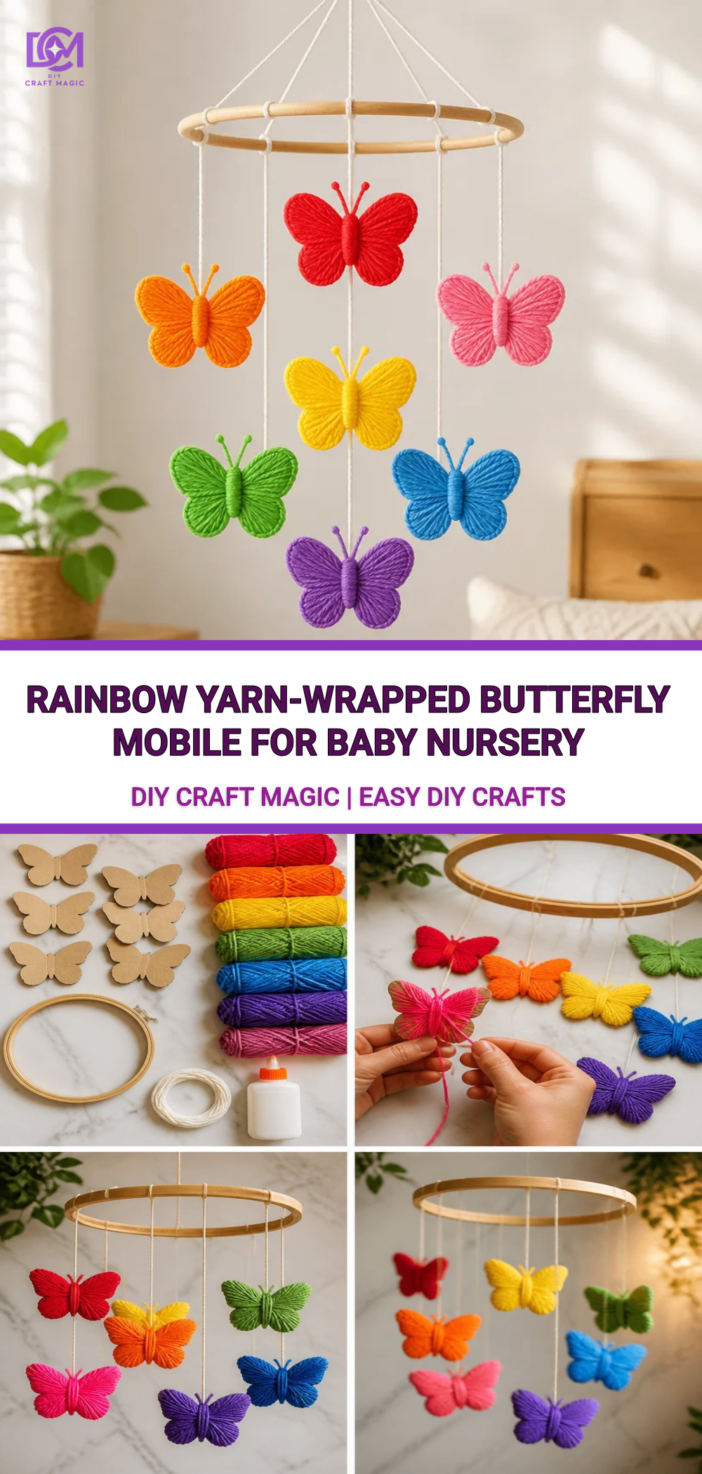 Rainbow Yarn-Wrapped Butterfly Mobile for Baby Nursery