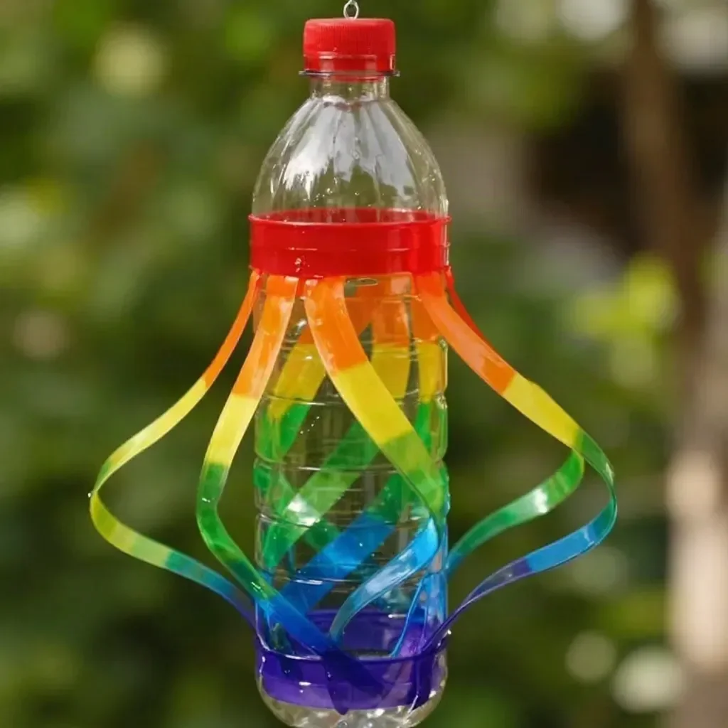 DIY recycled bottle rainbow wind spinner featuring vibrant colors outdoors.