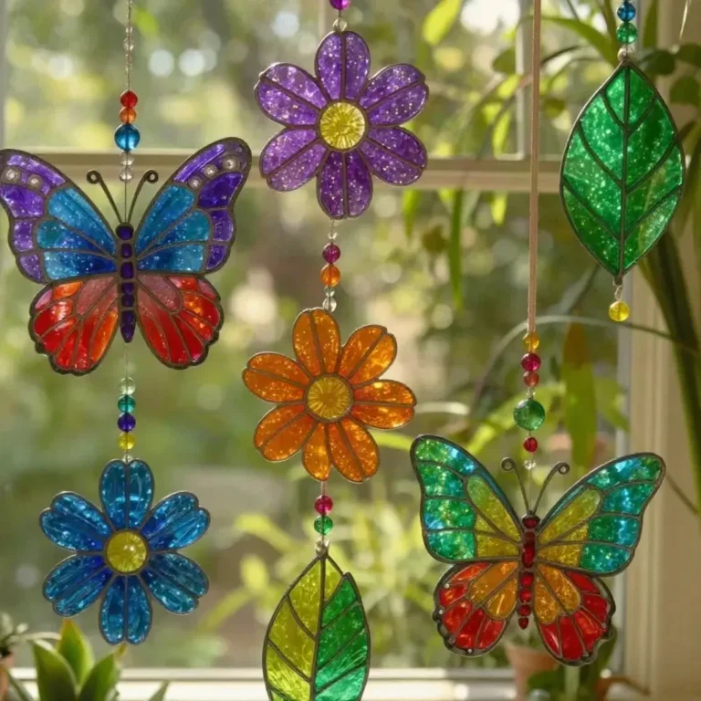 Vibrant recycled bottle window art enhancing natural light and aesthetics.