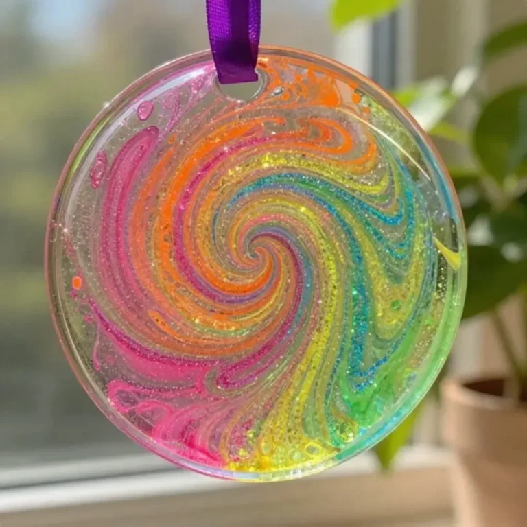 Colorful swirled glue suncatchers hanging in a sunny window