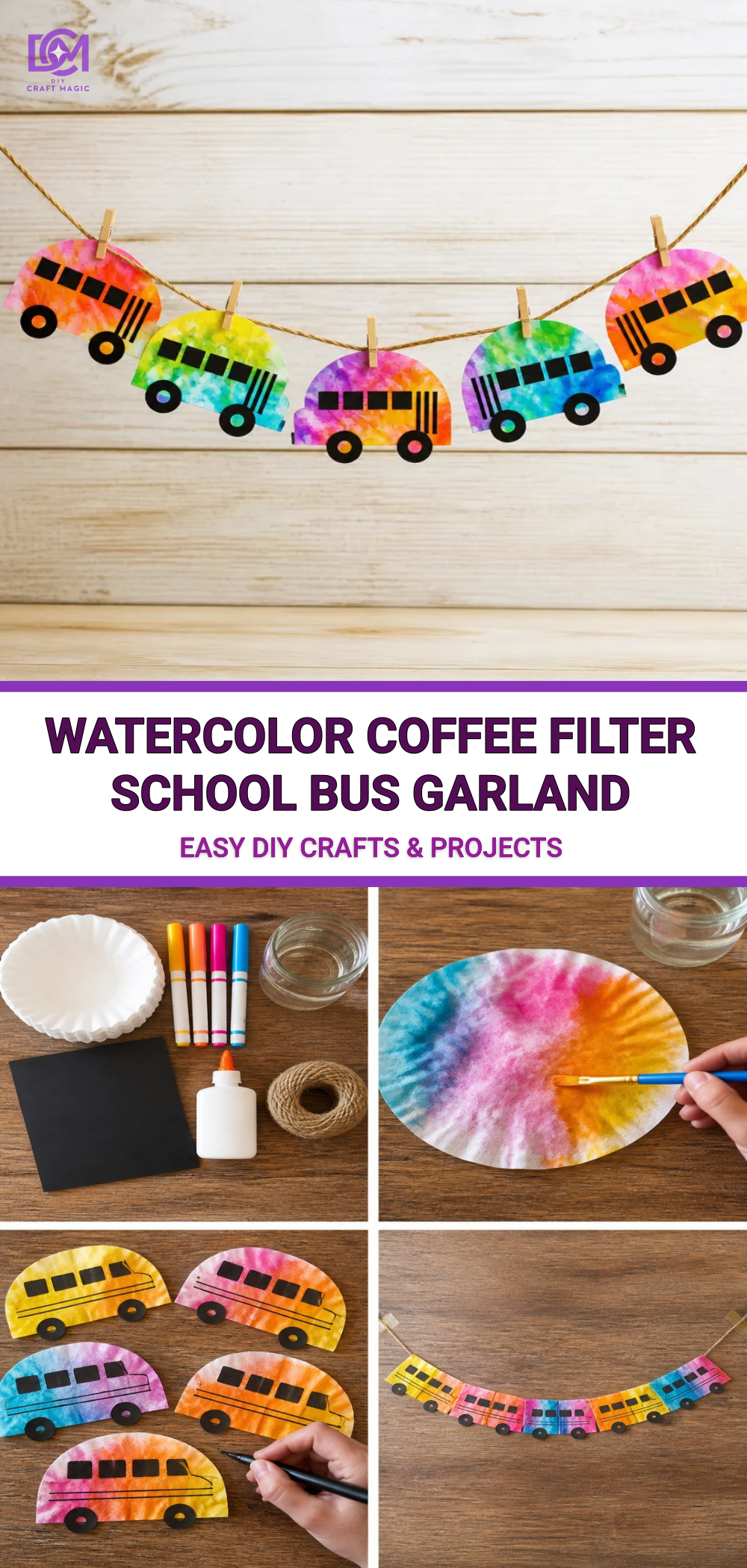 Watercolor Coffee Filter School Bus Garland