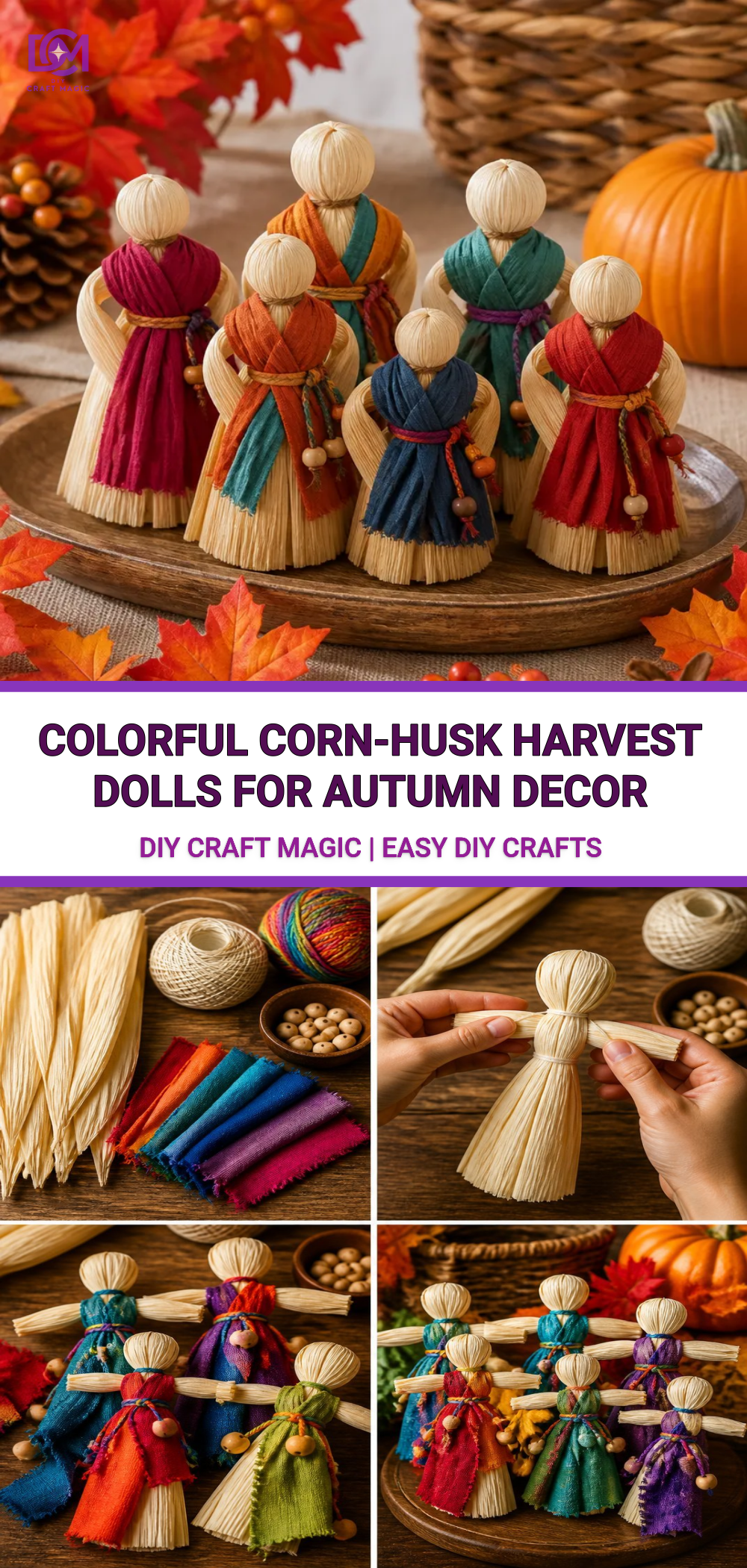Colorful Corn-Husk Harvest Dolls for Autumn Decor