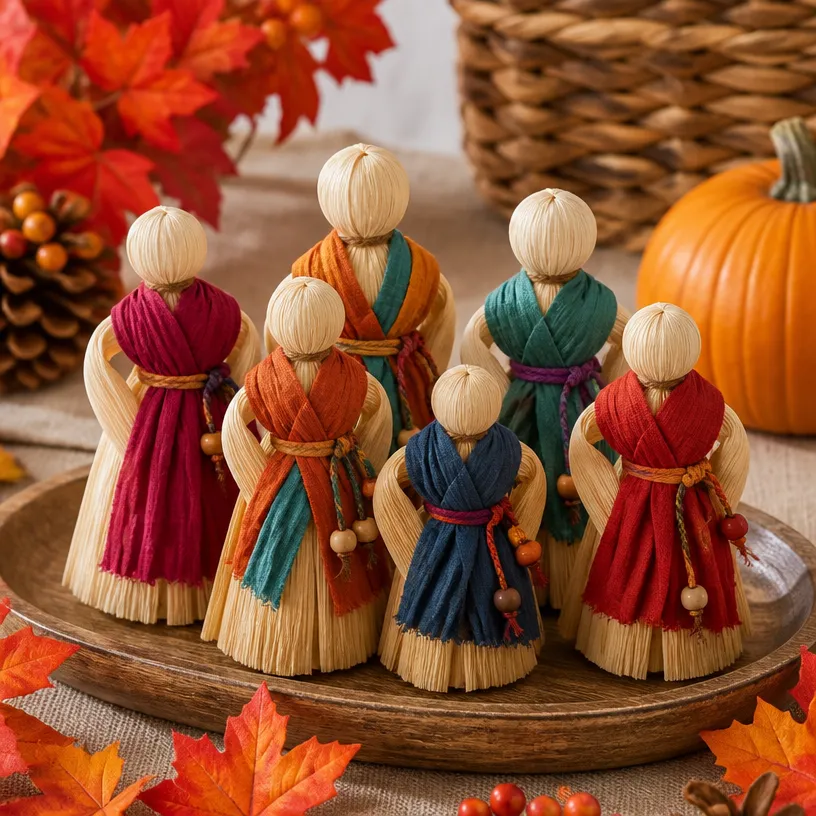 Colorful Corn-Husk Harvest Dolls for Autumn Decor