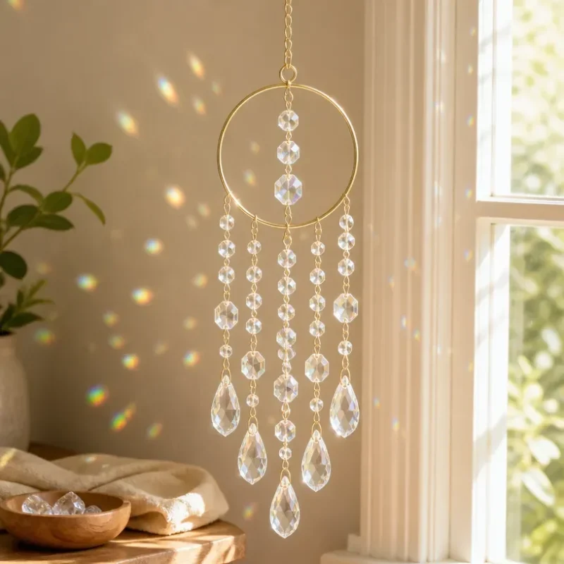 Crystal glass suncatcher hanging in a window for beautiful decor