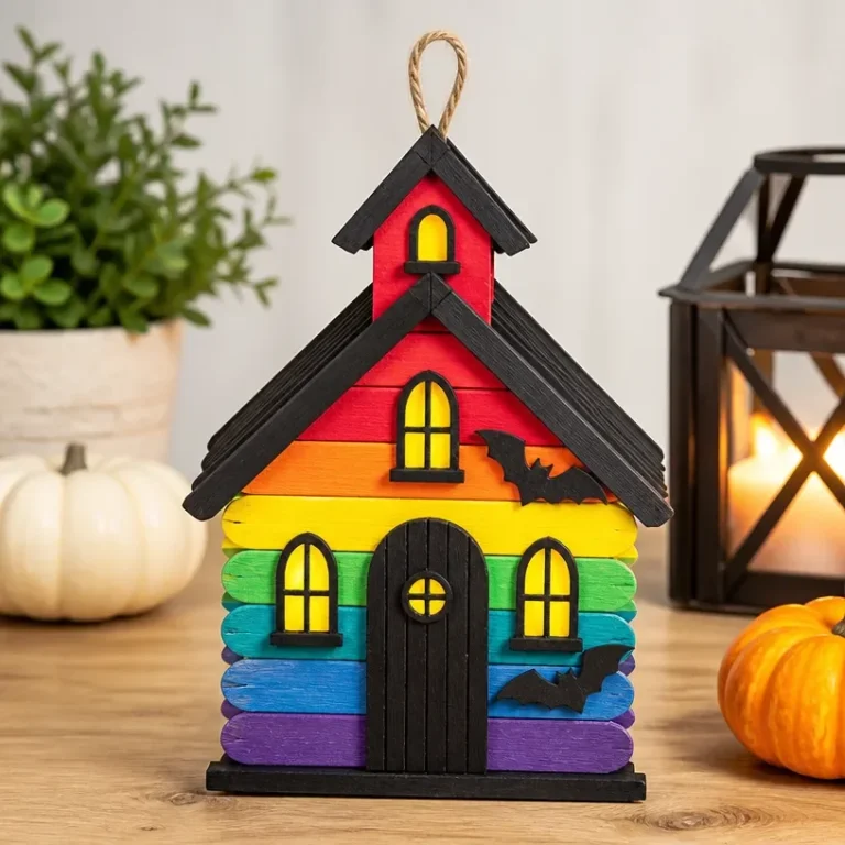 DIY Rainbow Popsicle-Stick Haunted Schoolhouse craft project for Halloween decor.
