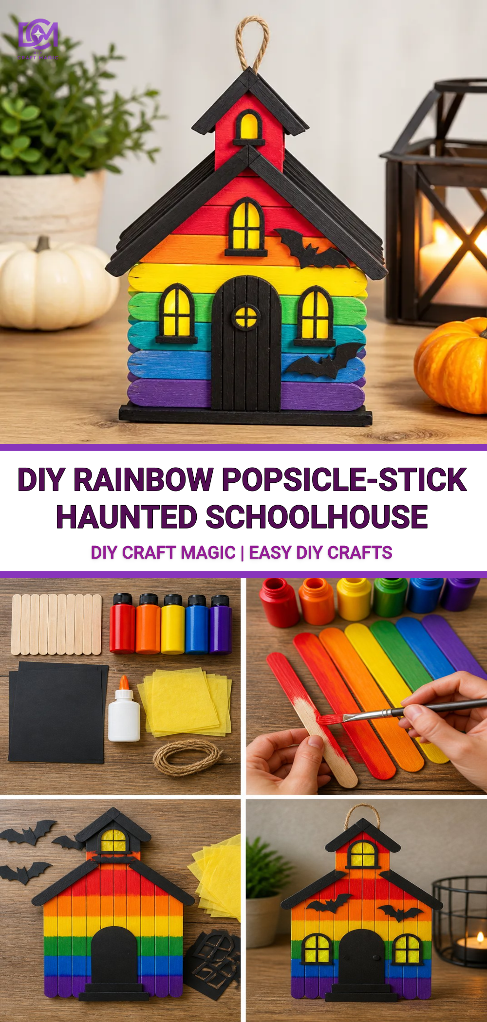 DIY Rainbow Popsicle-Stick Haunted Schoolhouse