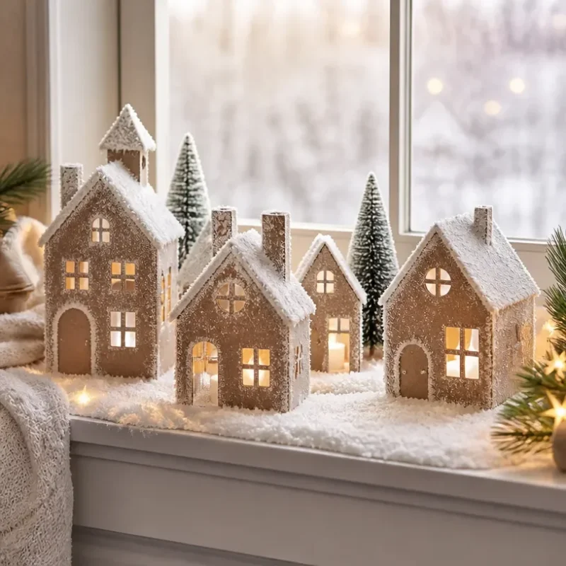 DIY snow village window display tutorial for festive holiday decorations.