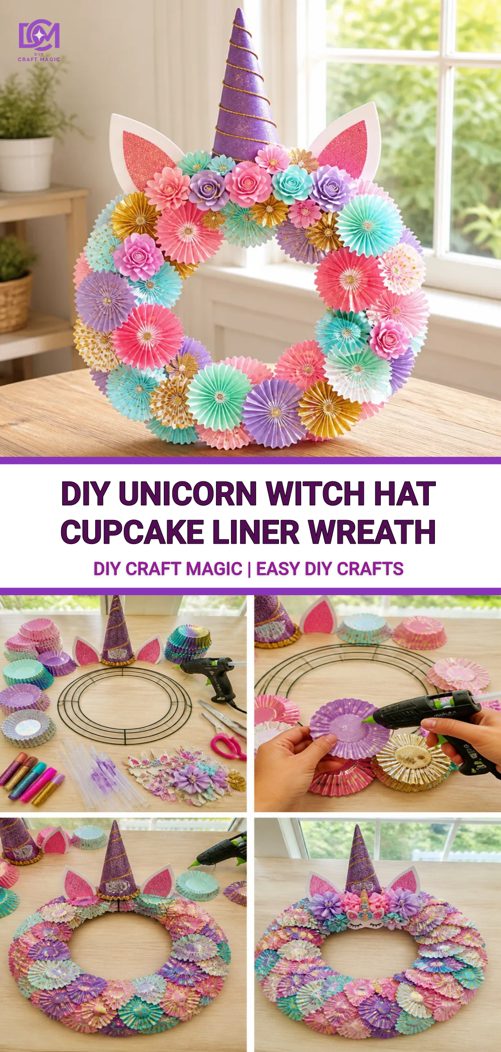 DIY Unicorn Witch Hat Cupcake Liner Wreath