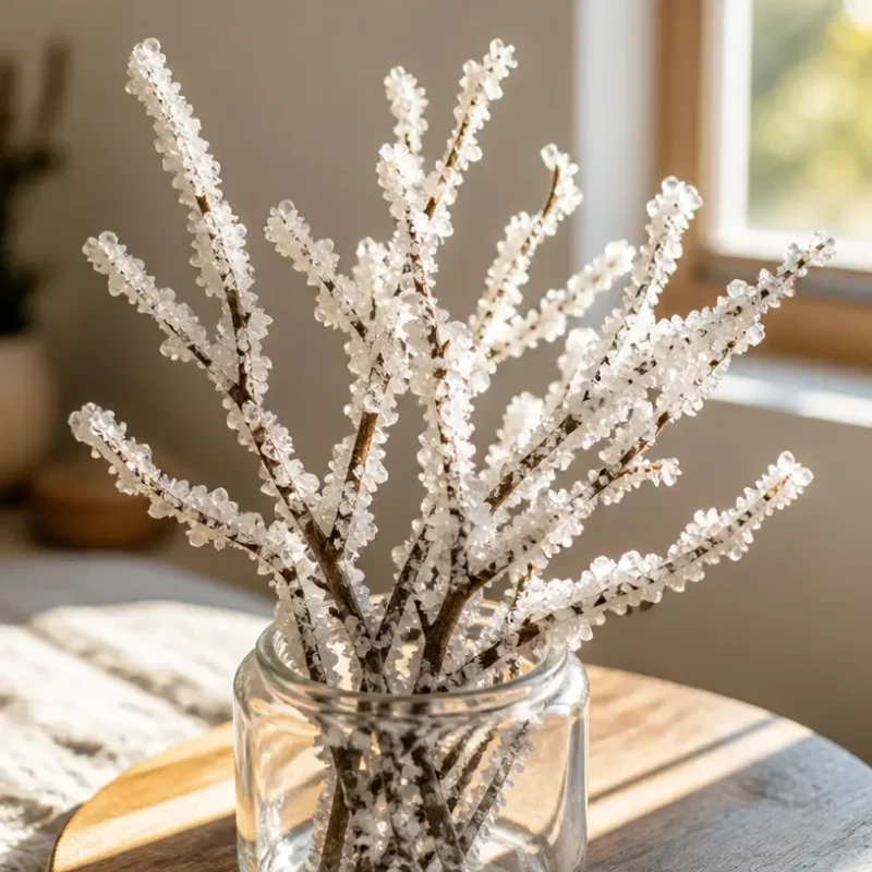 Glowing crystal tree branches sparkling in sunlight, showcasing their natural beauty.