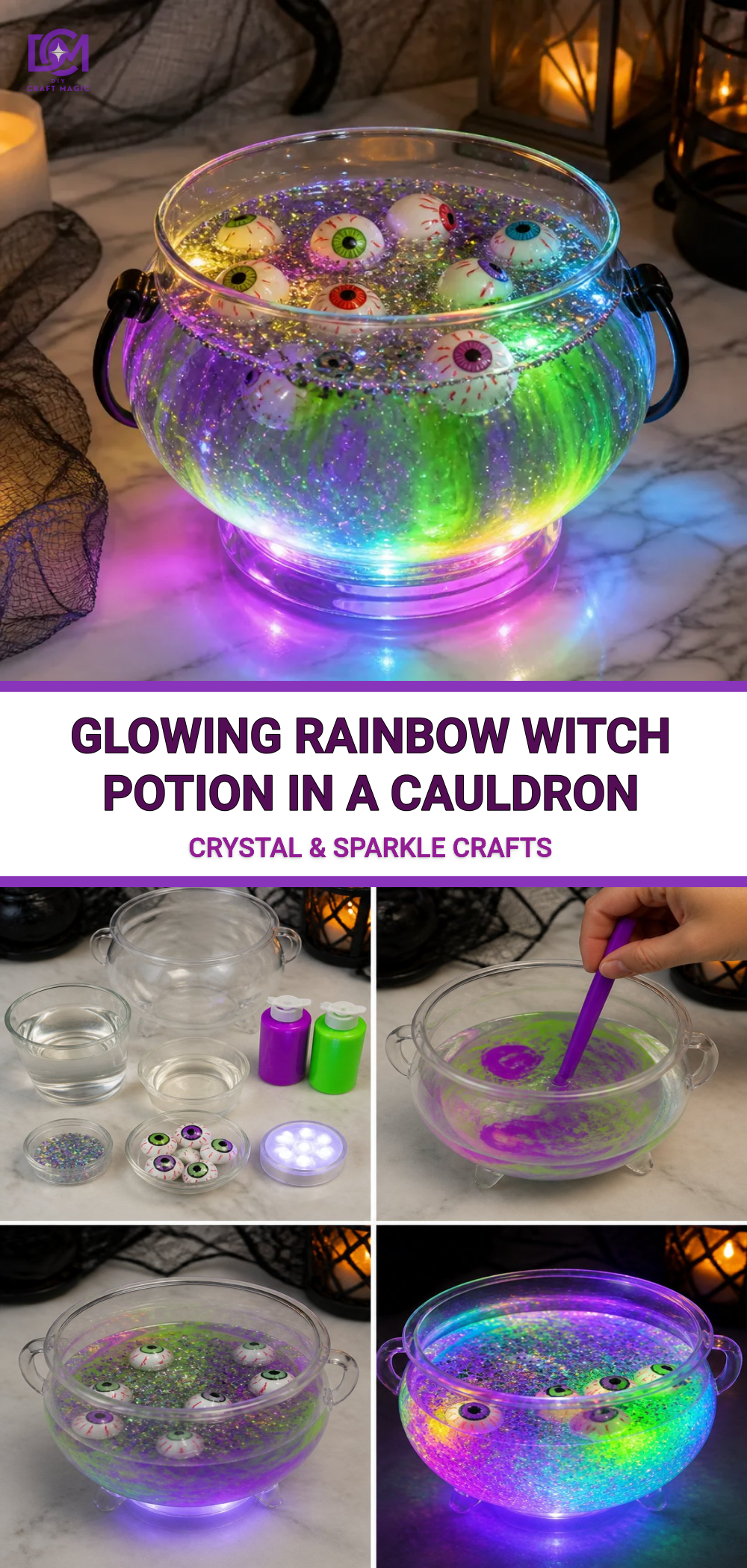 Glowing Rainbow Witch Potion in a Cauldron