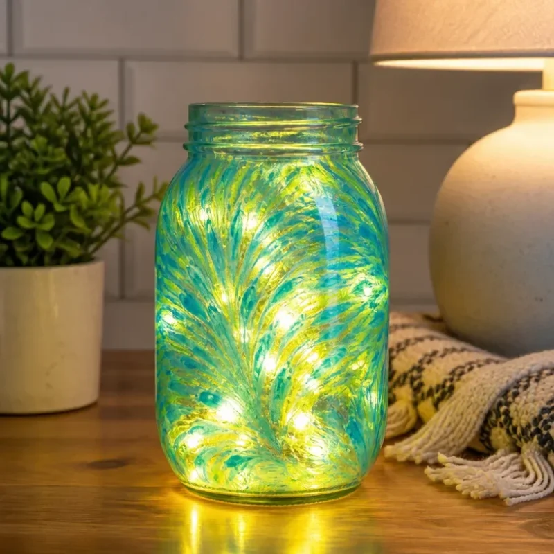 DIY luminous firework jar craft with colorful lights and decorations