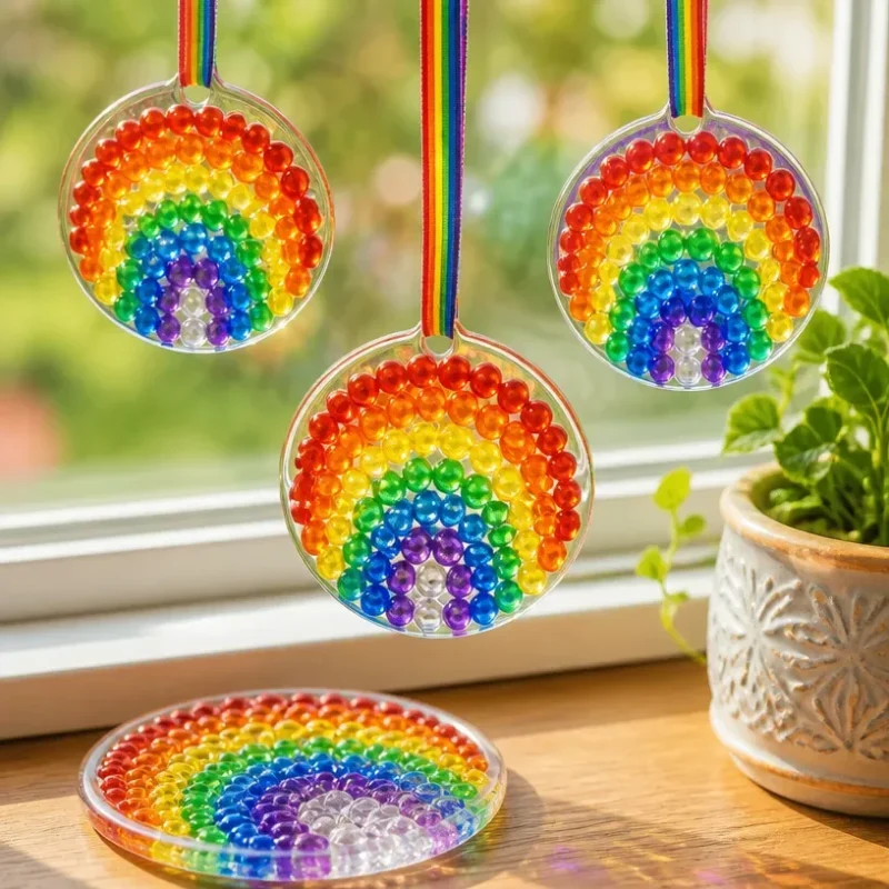 Colorful melted rainbow bead drops hanging in a sunlit window