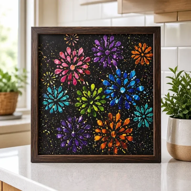 Potato masher-inspired fireworks painting tutorial showcasing vibrant colors.