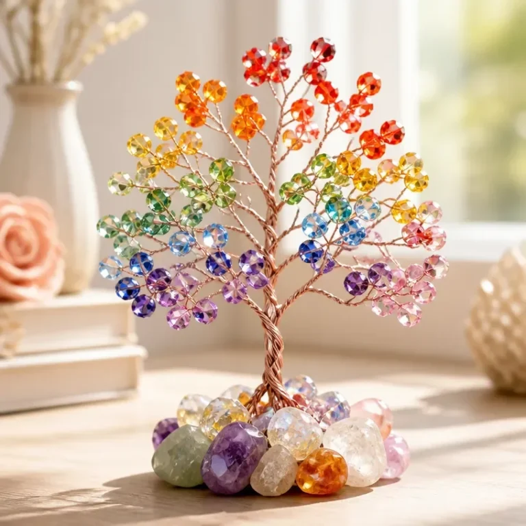 Stunning prismatic crystal tree decor accent featuring vibrant rainbow colors.