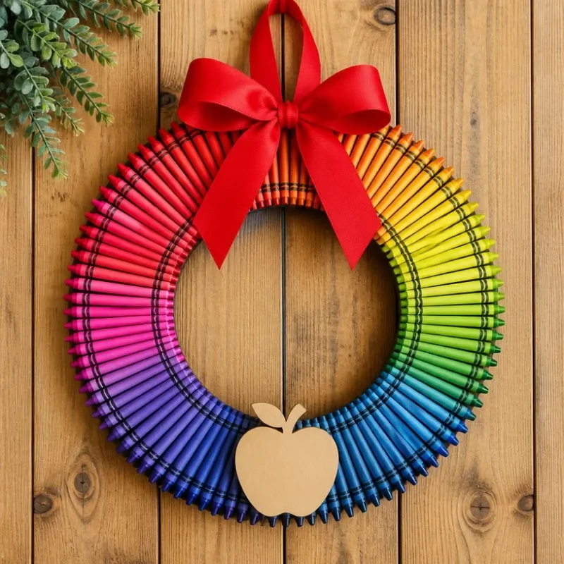 Colorful Rainbow Crayon Teacher Appreciation Wreath for expressing gratitude