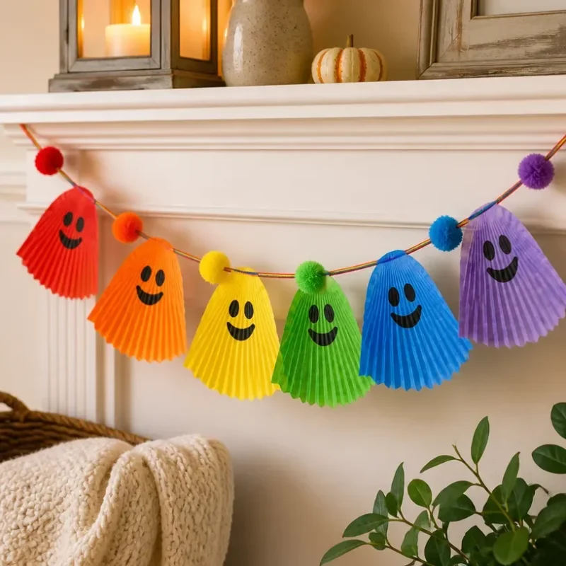 Colorful Rainbow Ghost Cupcake-Liner Garland for Halloween decorating