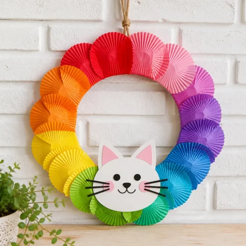 Rainbow Kitten Cupcake-Liner School Wreath as a vibrant school decor item
