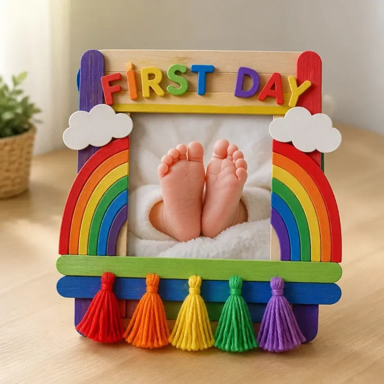 Rainbow-themed photo frame for baby's first day milestone