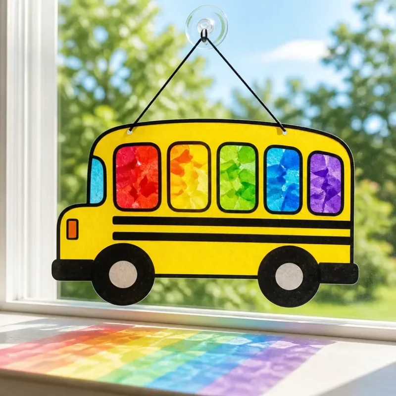 Rainbow-themed suncatcher DIY displayed on a school bus window.