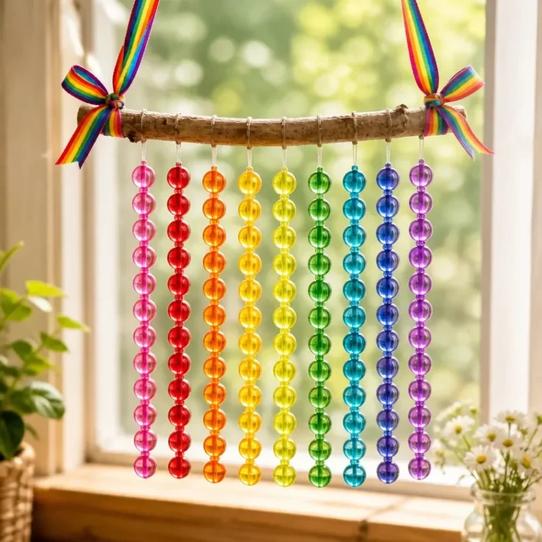 DIY rainbow twig bead suncatcher hanging in a sunlit window