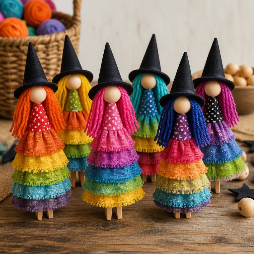 Retro Rainbow Witch Clothespin Dolls for Collectors