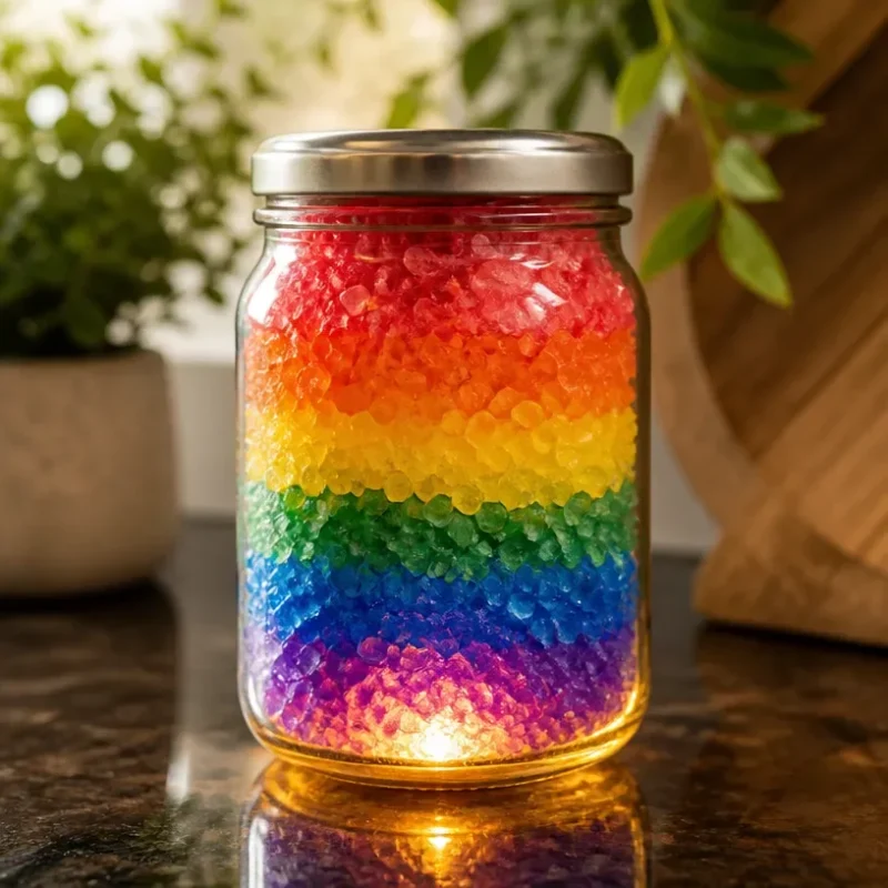 Colorful Salt Jar with a Rainbow Glow illuminating a beautiful space.